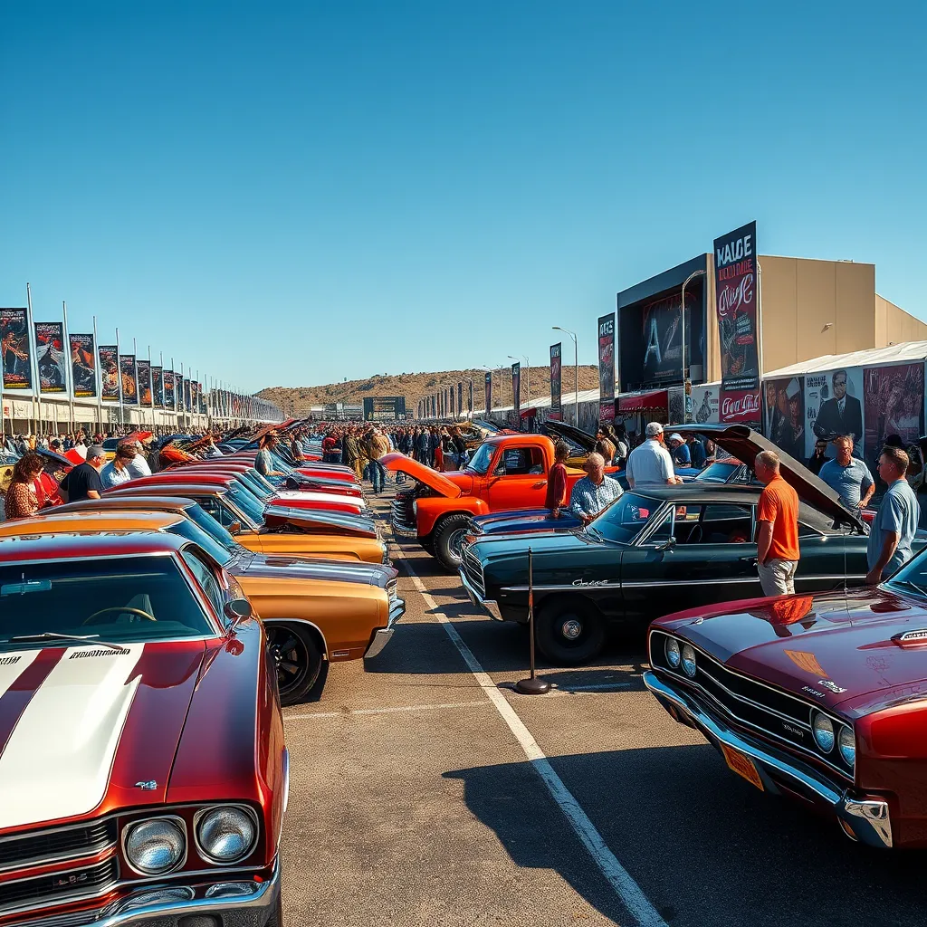 A bustling modern-day car show with rows of restored muscle cars like the Chevrolet Chevelle and Dodge Charger. Enthusiasts of all ages admire the cars under a clear blue sky, with banners and classic rock band posters visible.