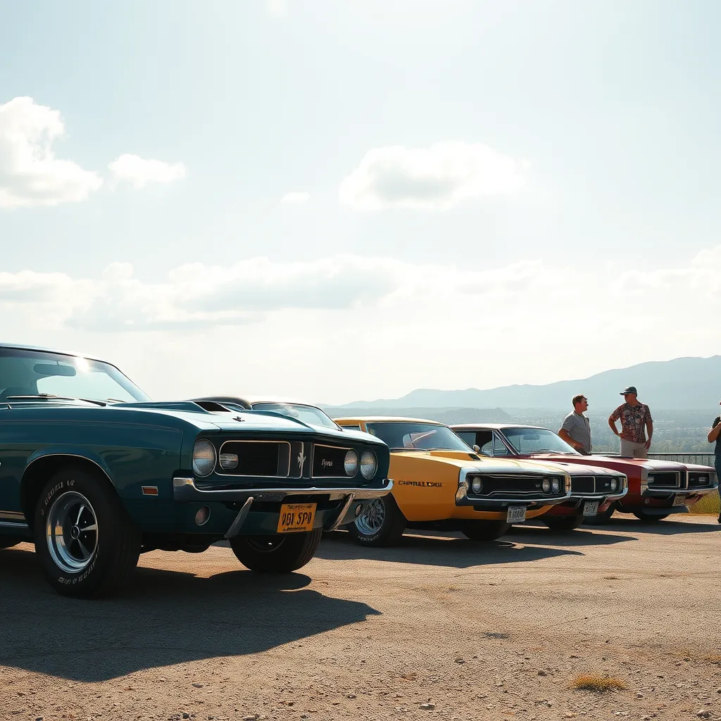 A high-quality, photorealistic image capturing a sunny day in the 1960s with a lineup of classic muscle cars including a Ford Mustang, Chevrolet Camaro, and Dodge Charger parked on a scenic overlook, with enthusiasts admiring them.