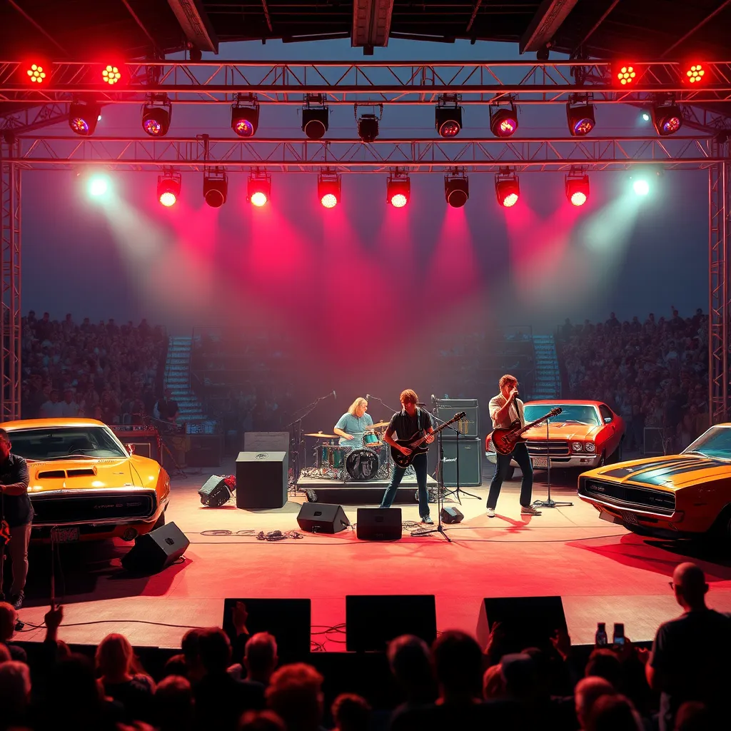 A photorealistic image of a 1970s-era band playing on an open stage with classic muscle cars like the Dodge Charger and Ford Mustang in the background. The setting includes cheering crowd in 70s attire, vibrant stage lights, and musical instruments.