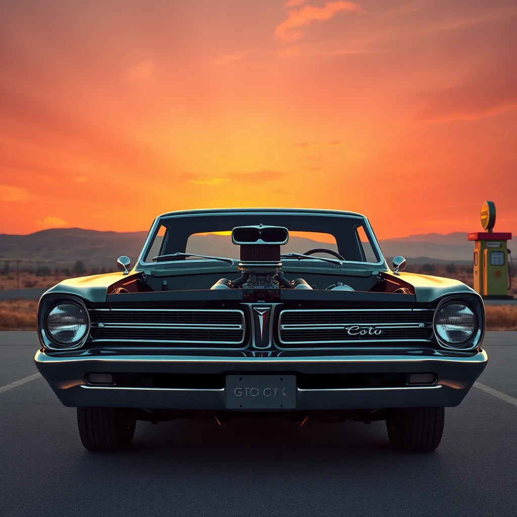A photorealistic image of a classic 1964 Pontiac GTO in a vibrant sunset backdrop, with a clear view of its powerful V8 engine. The car is parked on an open road, with a retro gas station visible in the distance.