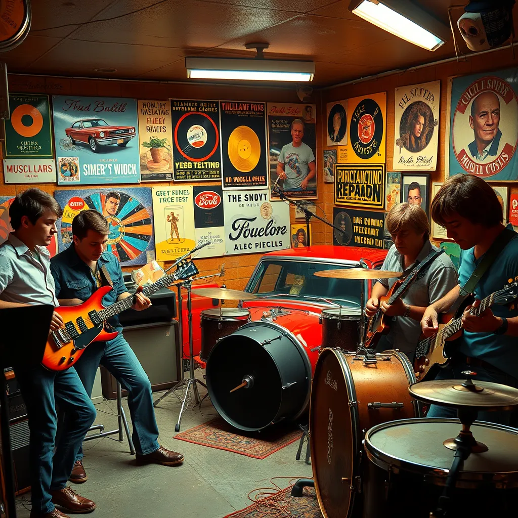 A vivid depiction of a 1960s garage band playing energetic rock 'n' roll, surrounded by posters of muscle cars and classic records, with a Ford Mustang in the background, capturing the vibrant culture of the era.